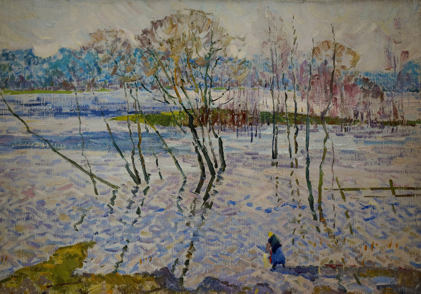 Oil painting By the River by Sevastyanov Viktor Grigorievich: snowy landscape with bare trees and lone blue figure