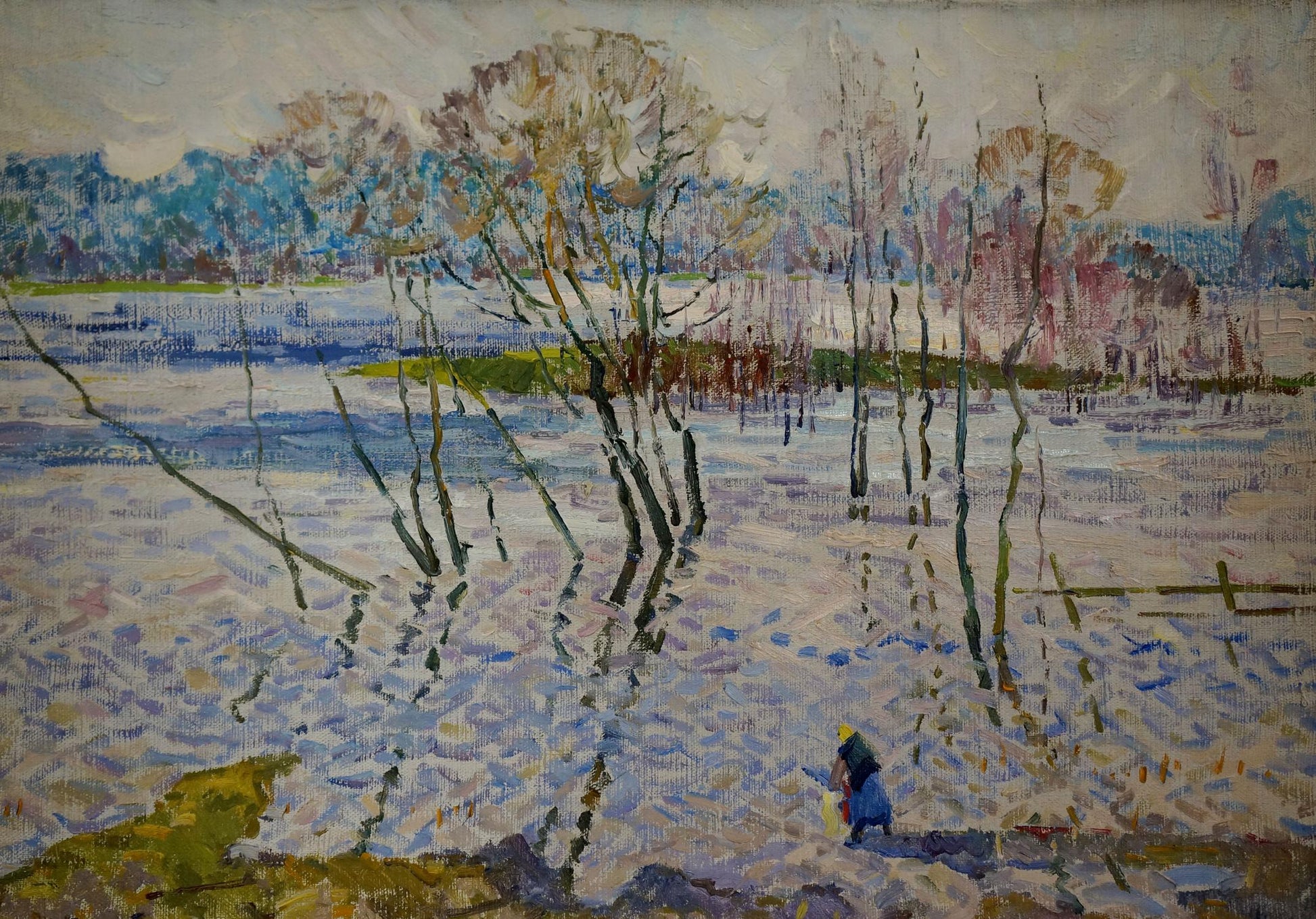 Oil painting By the River by Sevastyanov Viktor Grigorievich: snowy landscape with bare trees and lone blue figure