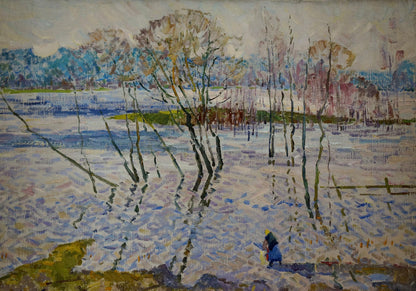 Oil painting By the River by Sevastyanov Viktor Grigorievich: snowy landscape with bare trees and lone blue figure