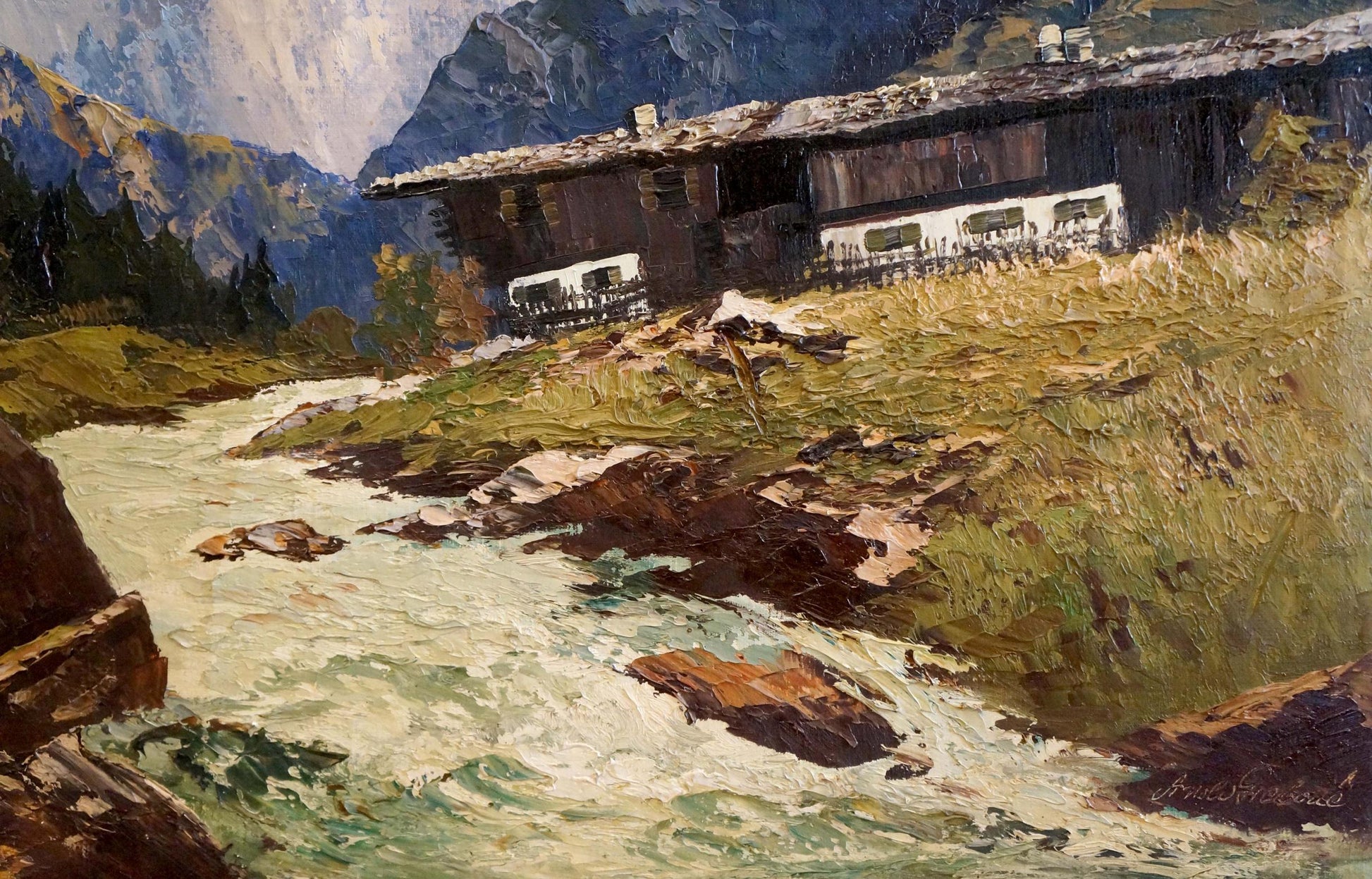 Oil painting of rustic mountain cabin by rushing river in alpine landscape