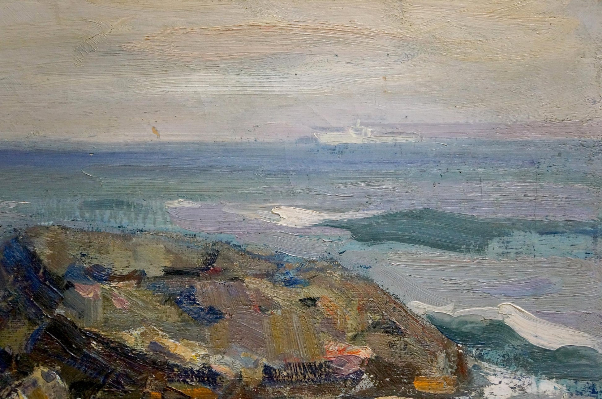 Oil painting Near the Sea by Strelov Arkady Efimovich, coastal waves on rocky shore