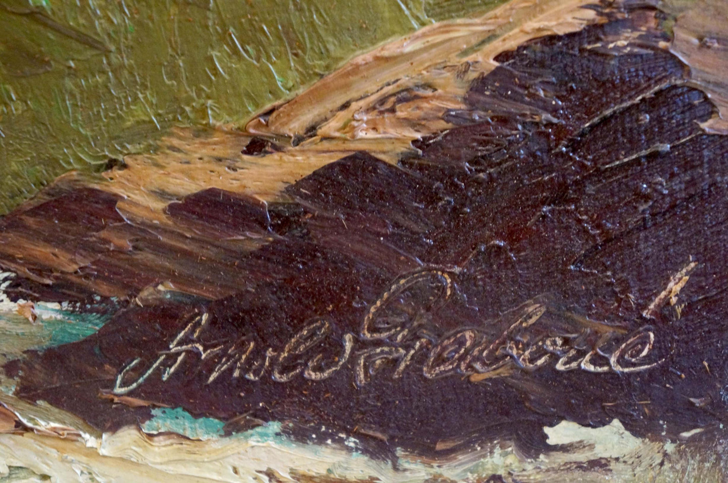 Oil painting Mountain freshness with textured impasto brushstrokes in earthy green and brown tones