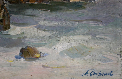 Oil painting Near the Sea by Strelov Arkady Efimovich, textured coastal waves