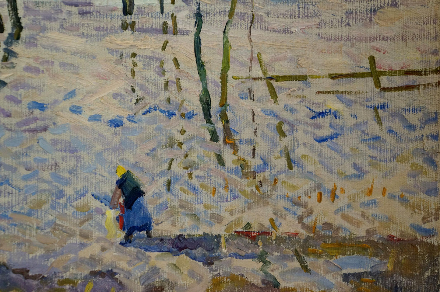Oil painting by Sevastyanov Viktor Grigorievich: figure in blue coat and yellow hat walks snowy landscape with visible brushstrokes