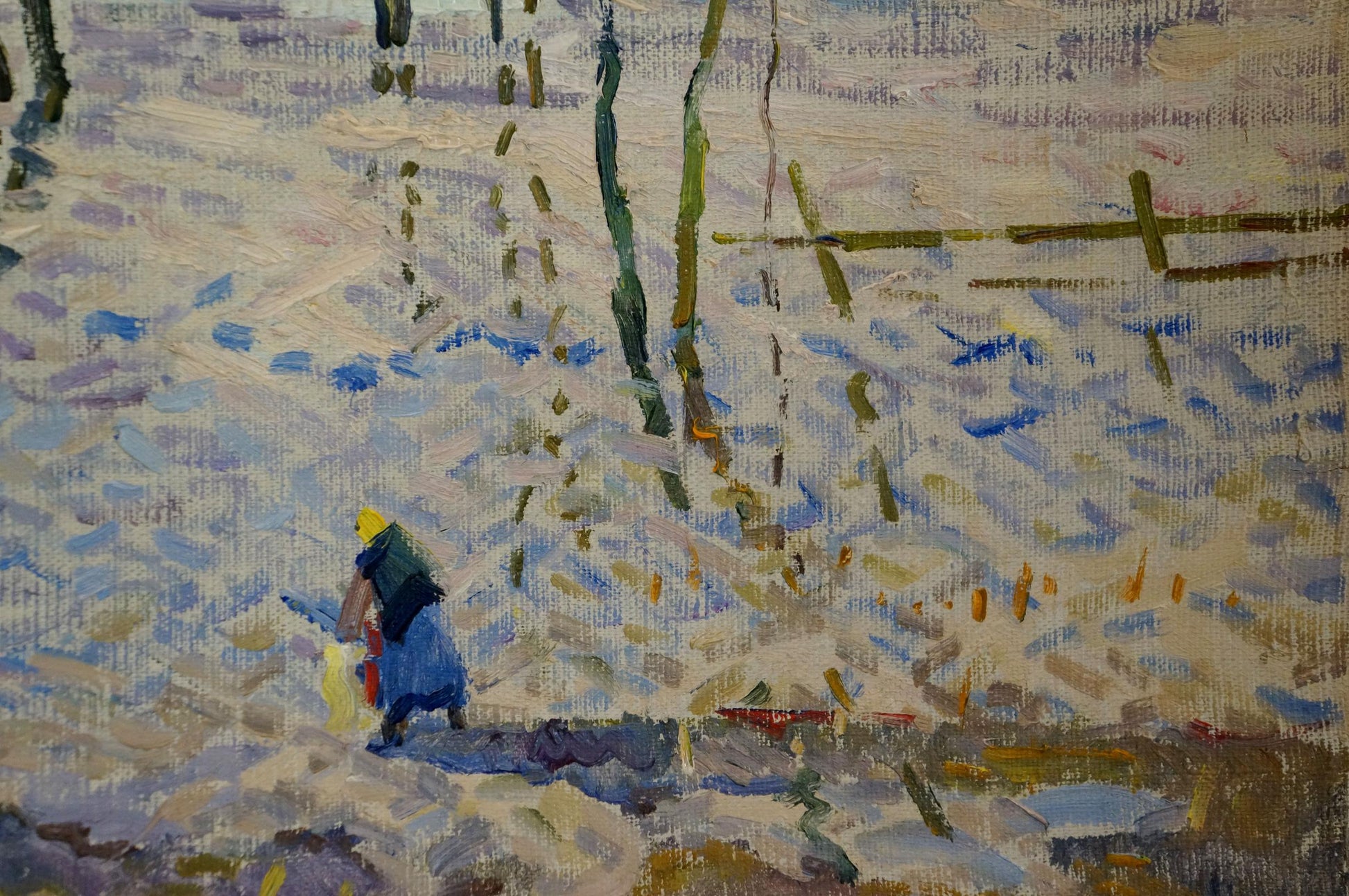 Oil painting by Sevastyanov Viktor Grigorievich: figure in blue coat and yellow hat walks snowy landscape with visible brushstrokes