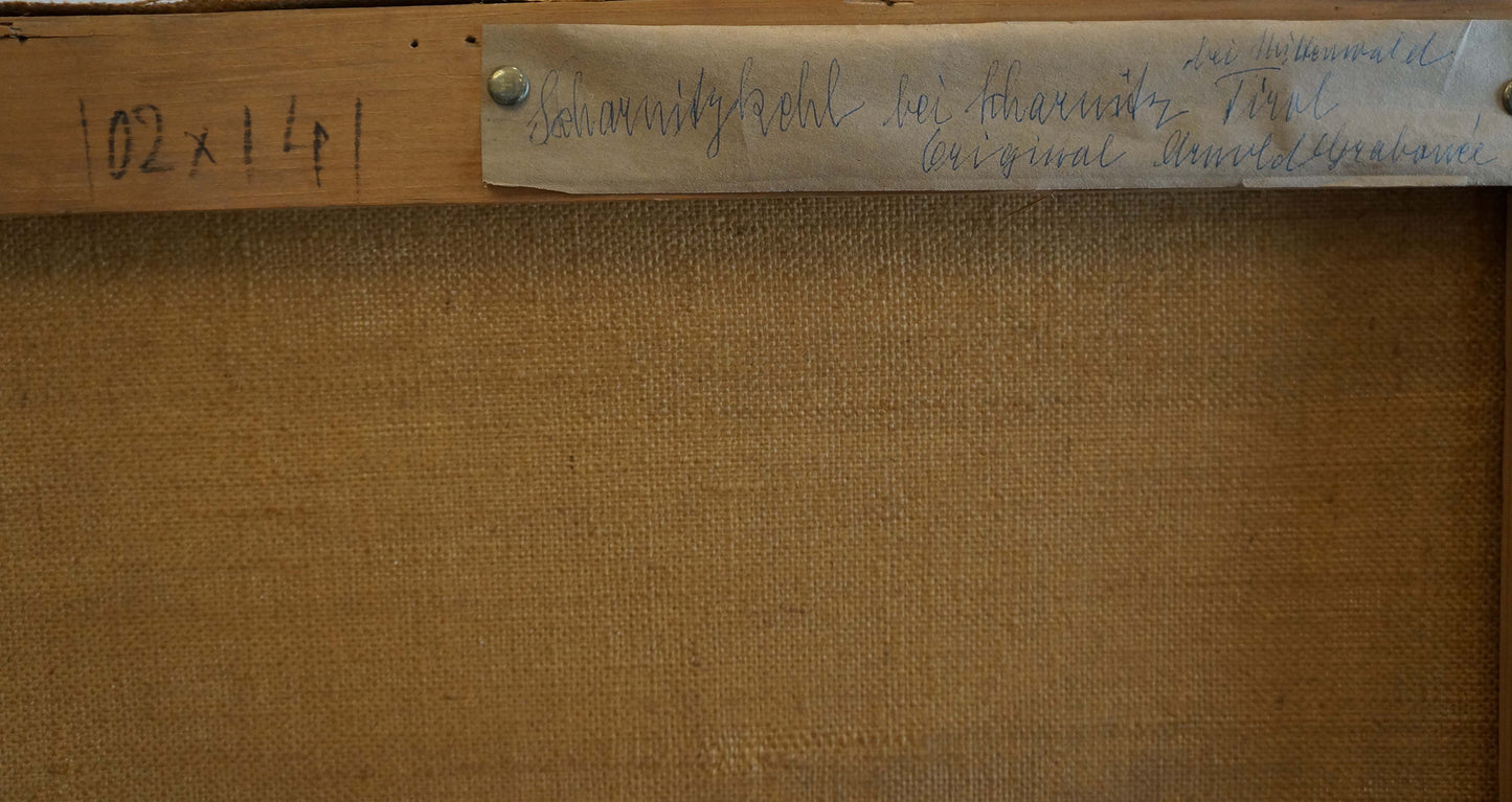 Back of Oil painting Mountain freshness with beige canvas and handwritten label on wooden frame