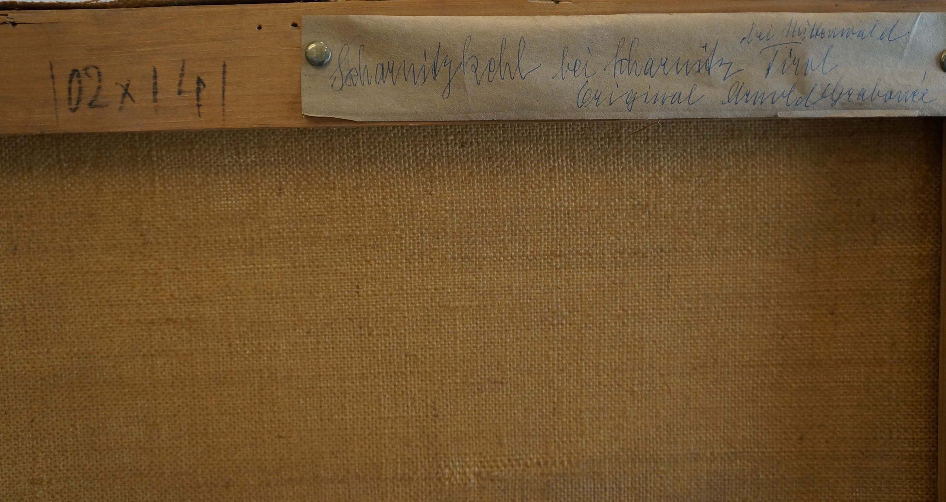 Back of Oil painting Mountain freshness with beige canvas and handwritten label on wooden frame