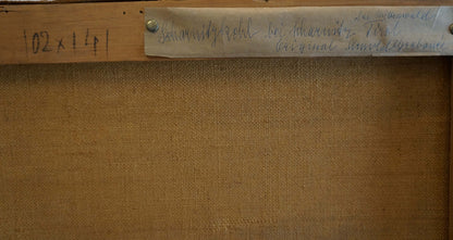 Back of Oil painting Mountain freshness with beige canvas and handwritten label on wooden frame