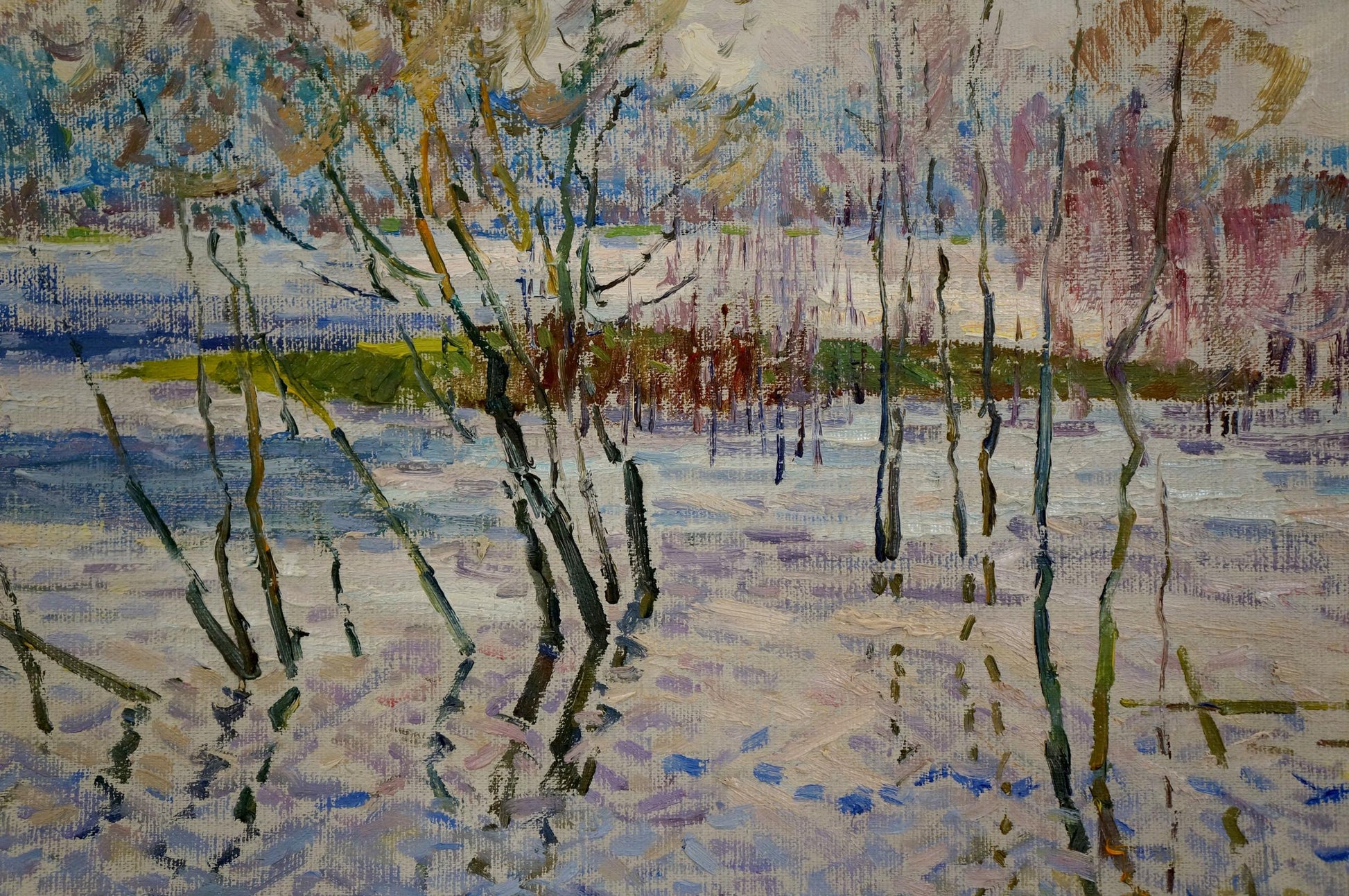 Oil painting by the river by Sevastyanov Viktor Grigorievich, snowy trees reflection