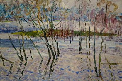 Oil painting by the river by Sevastyanov Viktor Grigorievich, snowy trees reflection