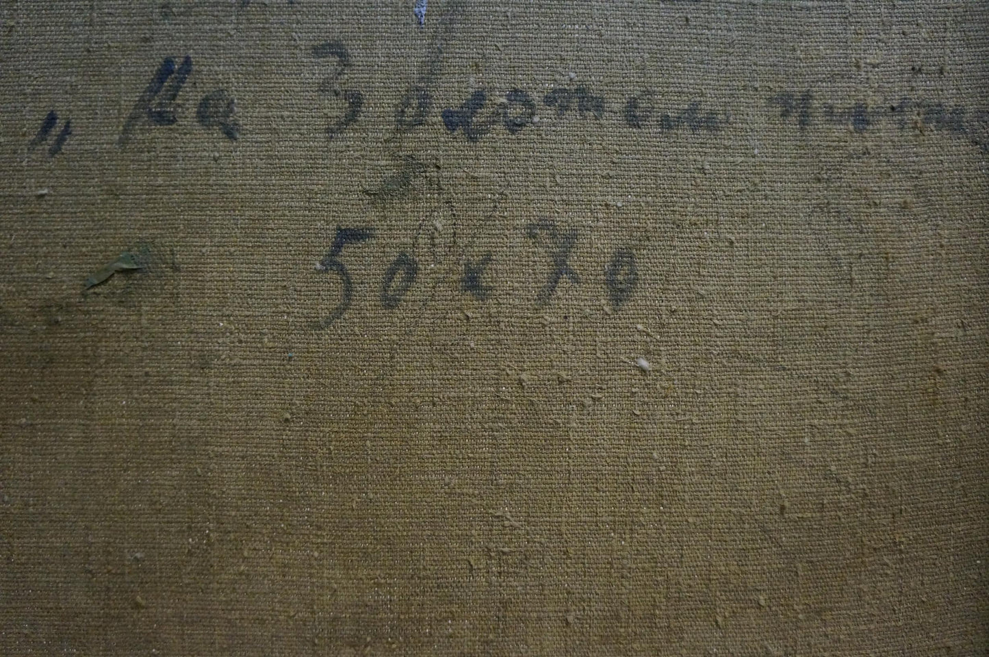 Back of Oil painting Near the sea Strelov Arkady Efimovich on dark brown woven fabric with faded blue text