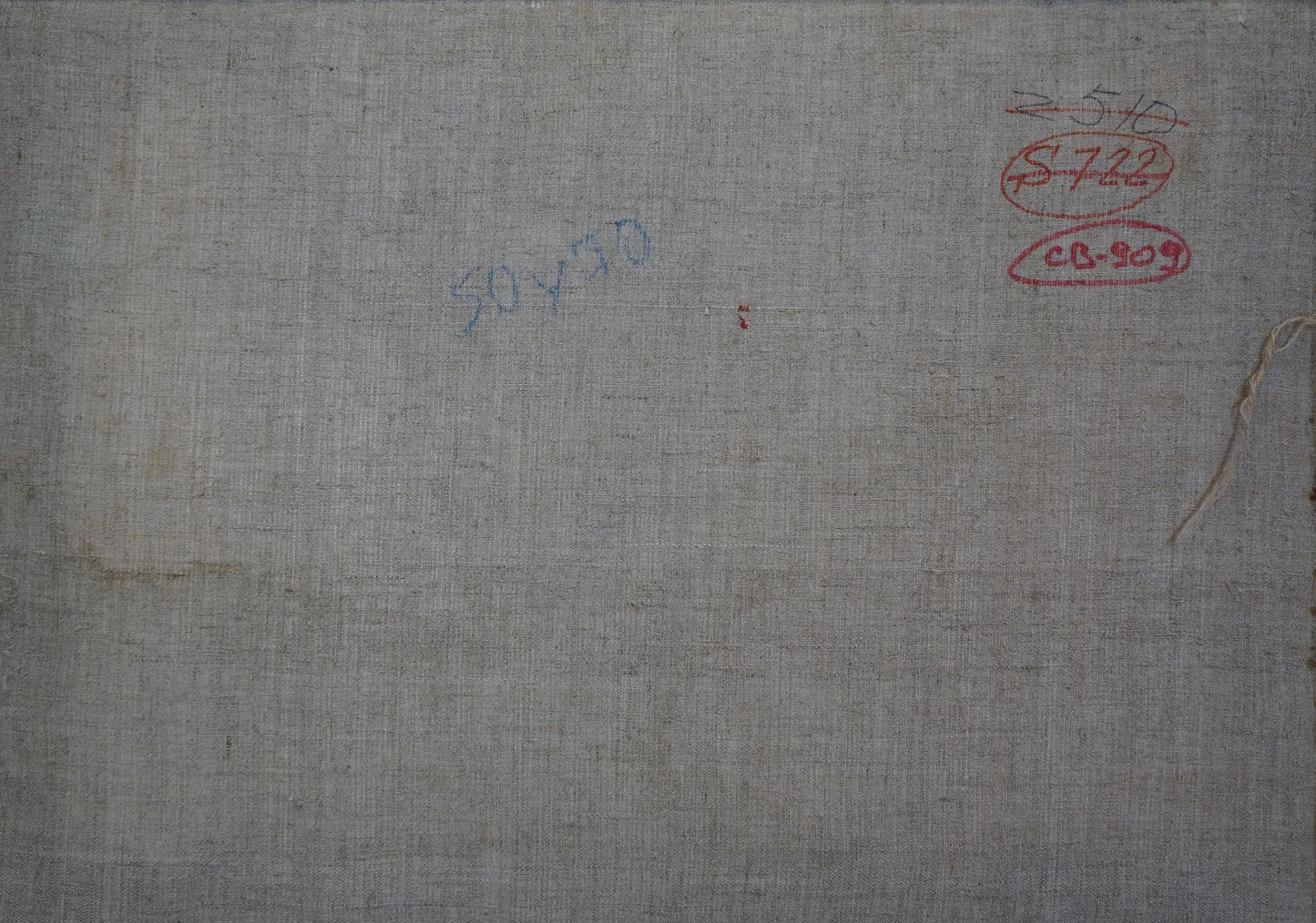 Back of Oil painting By the River by Sevastyanov Viktor Grigorievich with gray canvas texture handwritten markings and red stamped labels
