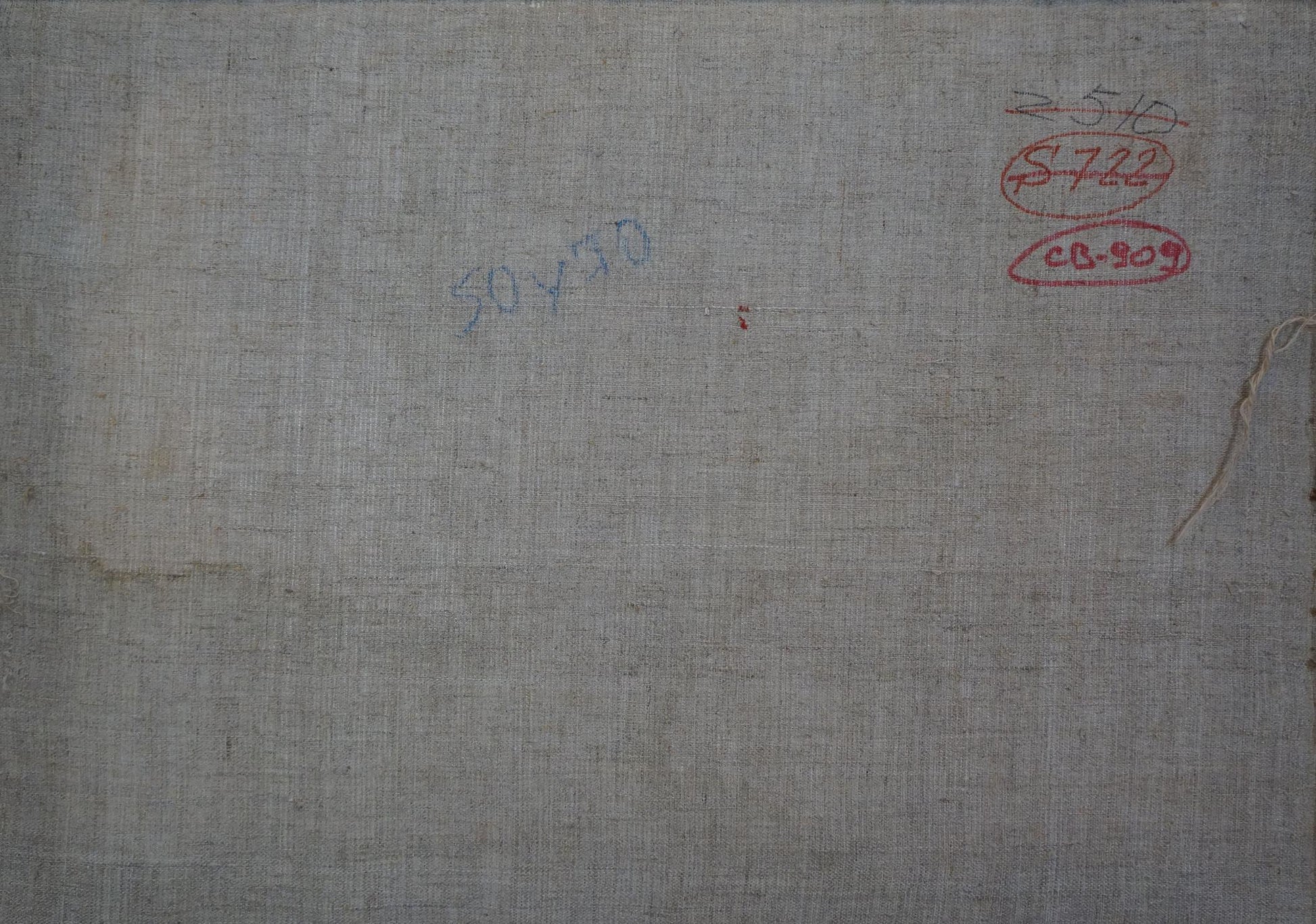 Back of Oil painting By the River by Sevastyanov Viktor Grigorievich with gray canvas texture handwritten markings and red stamped labels