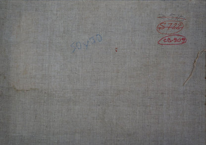 Back of Oil painting By the River by Sevastyanov Viktor Grigorievich with gray canvas texture handwritten markings and red stamped labels