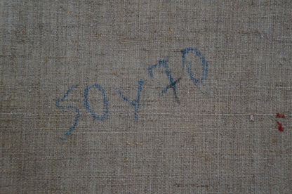 Blue signature on gray fabric back of Sevastyanov oil painting