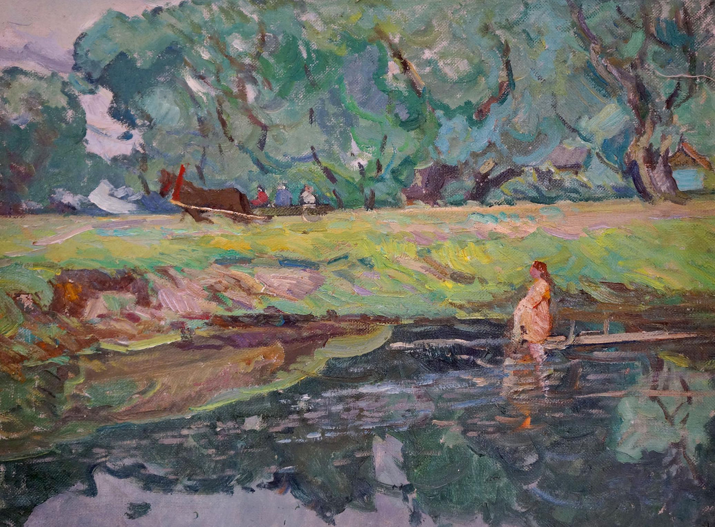Oil painting by Sevastyanov Viktor Grigorievich: woman in dress in pond near forest