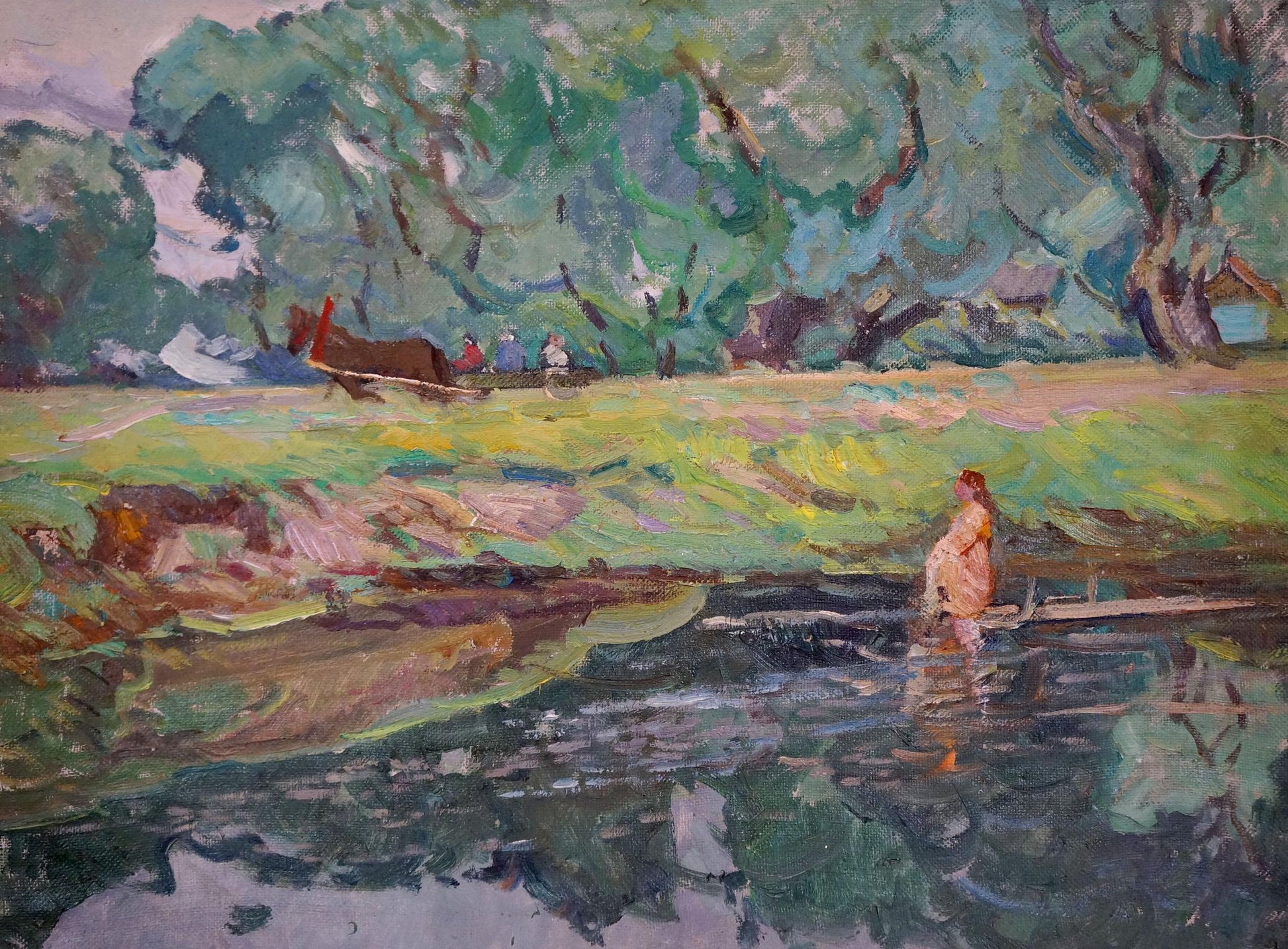 Oil painting by Sevastyanov Viktor Grigorievich: woman in dress in pond near forest