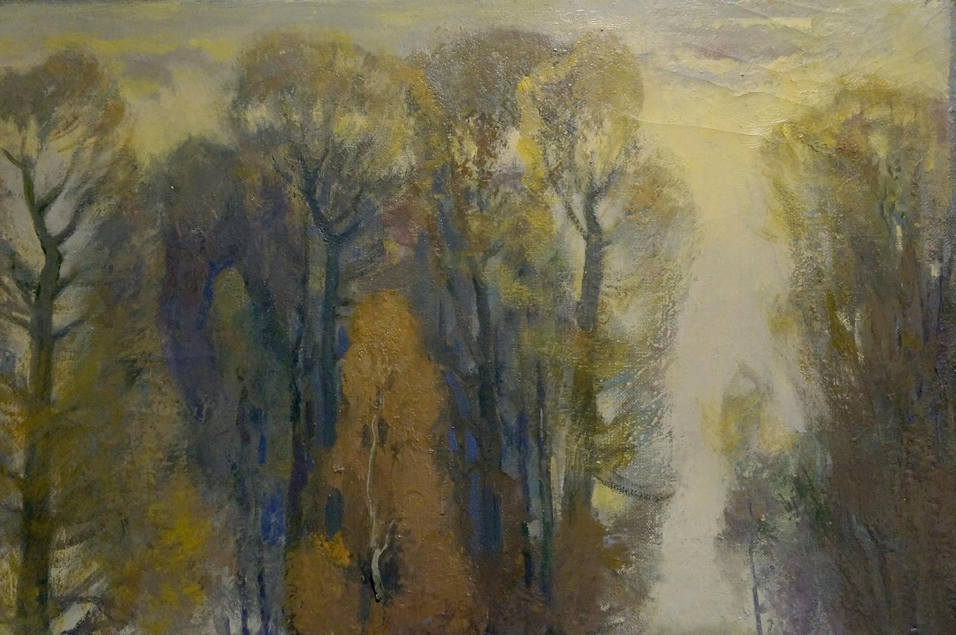 Oil painting Winter came by Mynka Alexander Fedorovich, autumn forest scene
