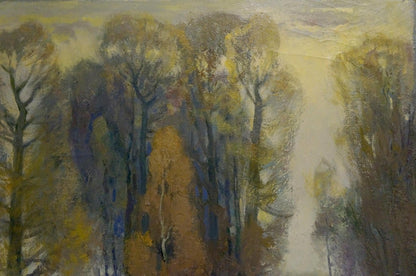 Oil painting Winter came by Mynka Alexander Fedorovich, autumn forest scene