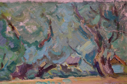 Oil painting of pond near forest by Sevastyanov Viktor Grigorievich