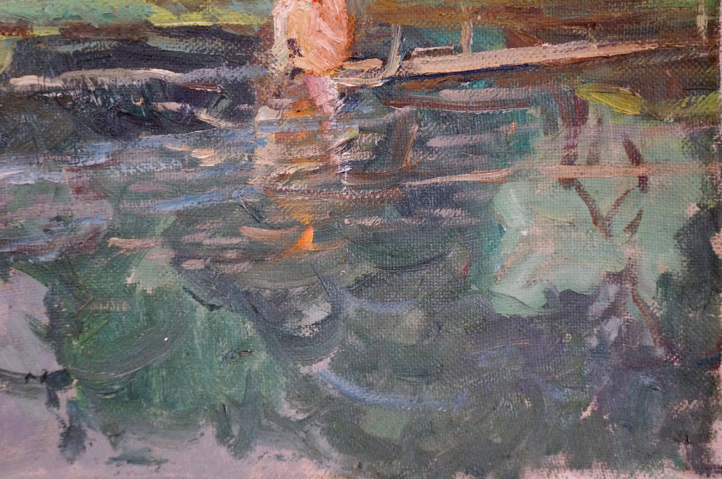 Oil painting by Sevastyanov Viktor Grigorievich: peach figure on dock by pond