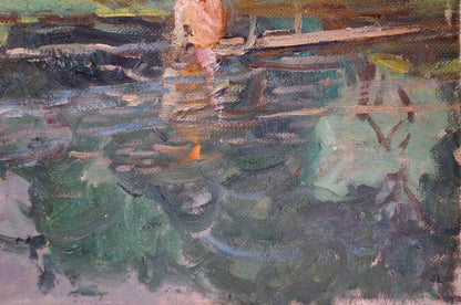 Oil painting by Sevastyanov Viktor Grigorievich: peach figure on dock by pond