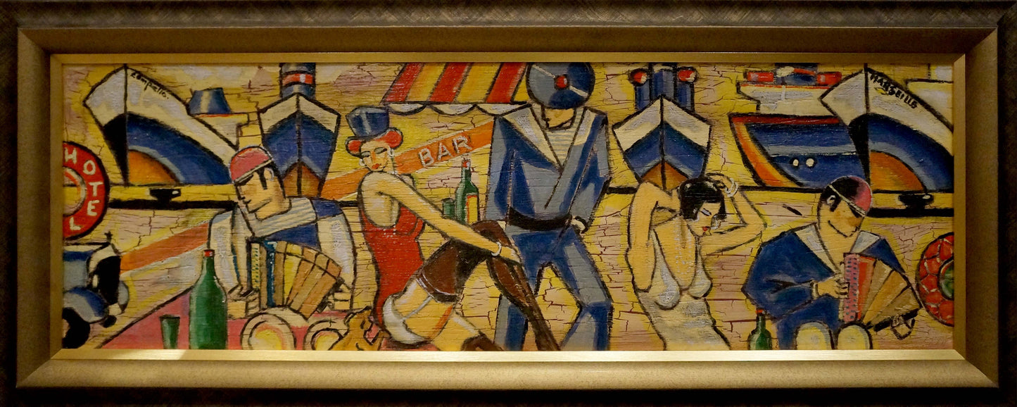 Abstract painting of people at the bar in vibrant colors, gold frame