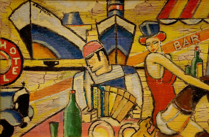 Vibrant abstract painting of people at the bar in bold colors
