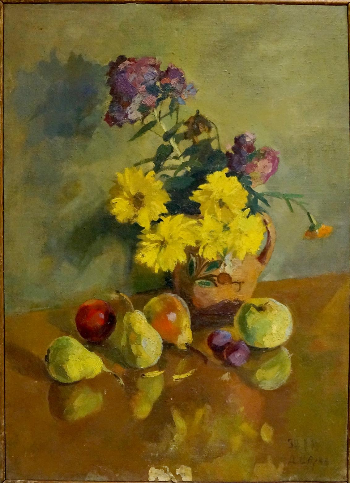 Oil painting Flowers D. Serov: Ceramic vase with orange glaze, flowers, yellow chrysanthemums, purple asters