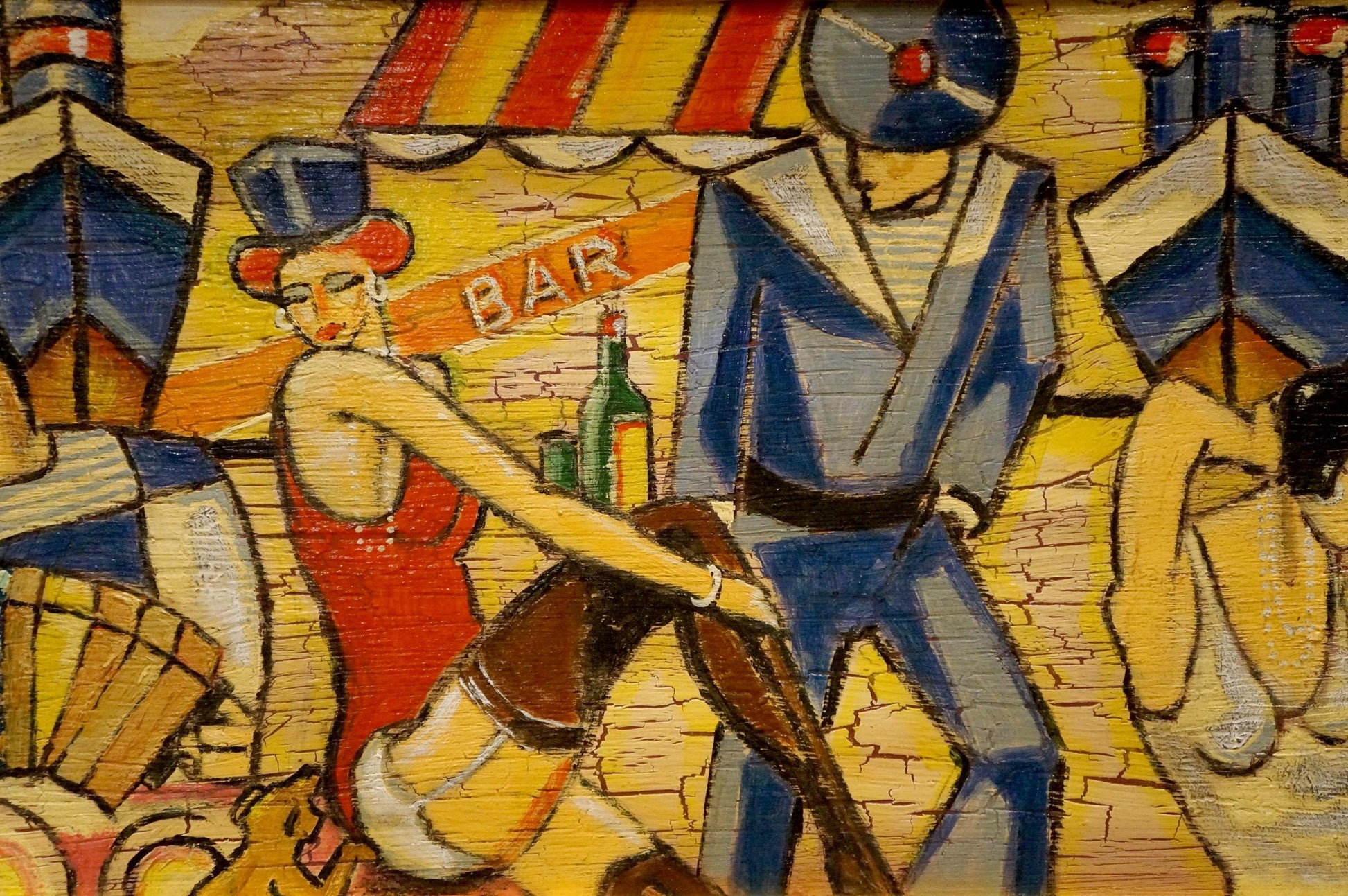 Abstract painting of people at bar: woman in red dress and blue top hat dancing with man in blue suit