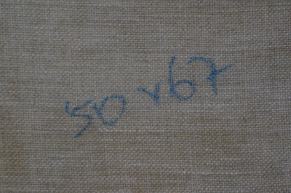 Back of Sevastyanov Viktor Grigorievich oil painting with blue handwritten 50 467 on beige fabric
