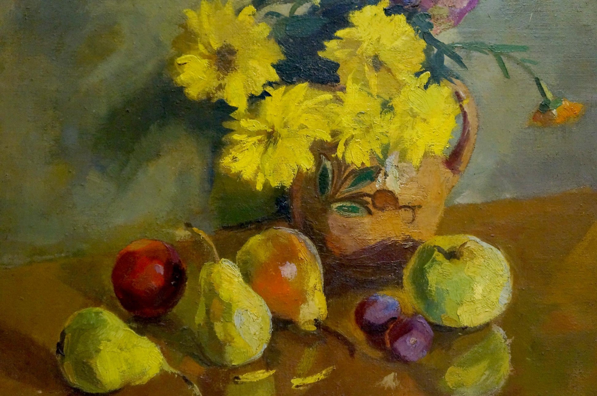 Oil painting Flowers D. Serov: terracotta vase with yellow chrysanthemums
