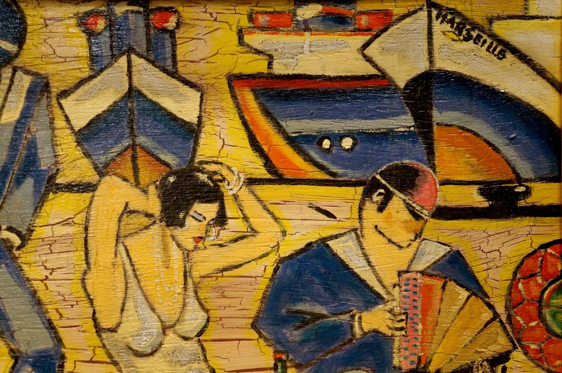 Abstract painting of topless dark-haired woman with red lips and man in blue with accordion at bar