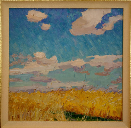 Oil painting Field by Sevastyanov Viktor Grigorievich: golden wheat under blue sky