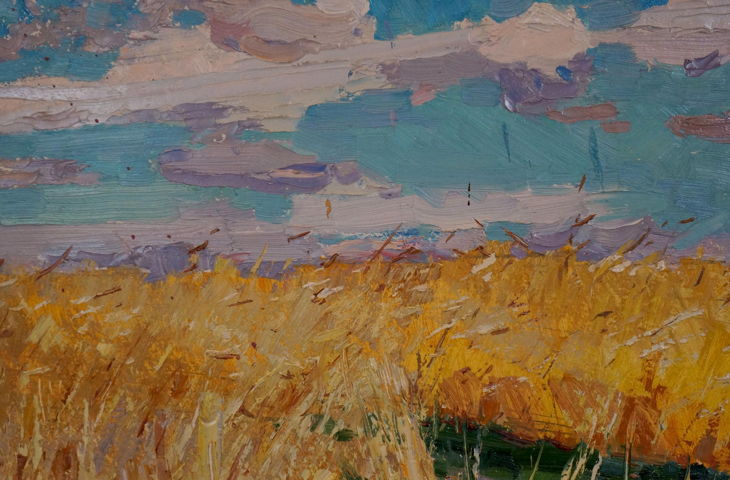 Oil painting Field by Sevastyanov Viktor Grigorievich, golden wheat under teal sky