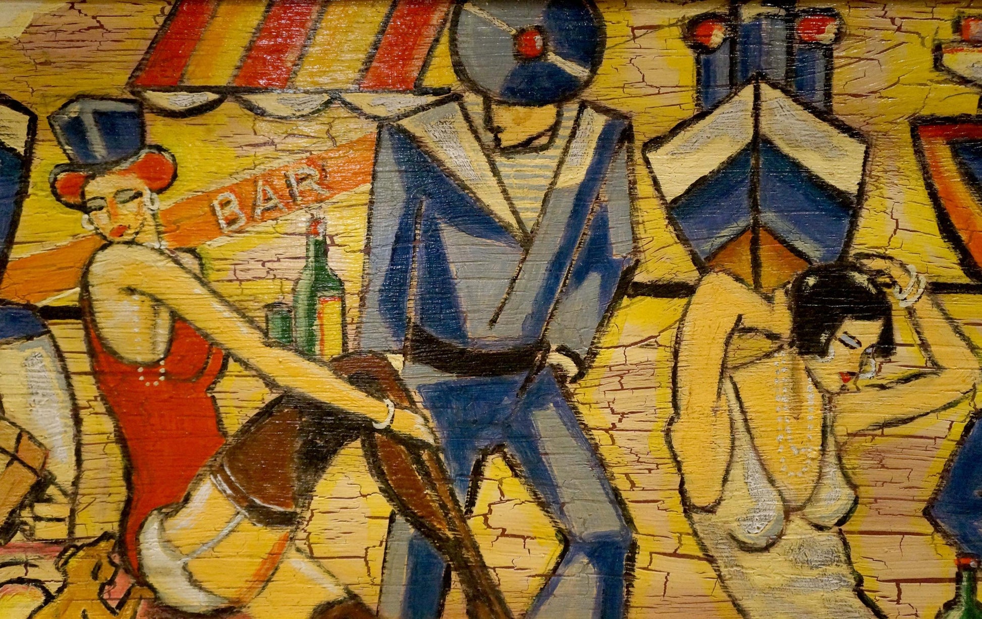 Stylized blue-suited man with dark headpiece in art deco bar, abstract painting