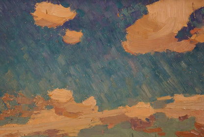 Oil painting by Viktor Grigorievich Sevastyanov Field with dramatic teal orange sky