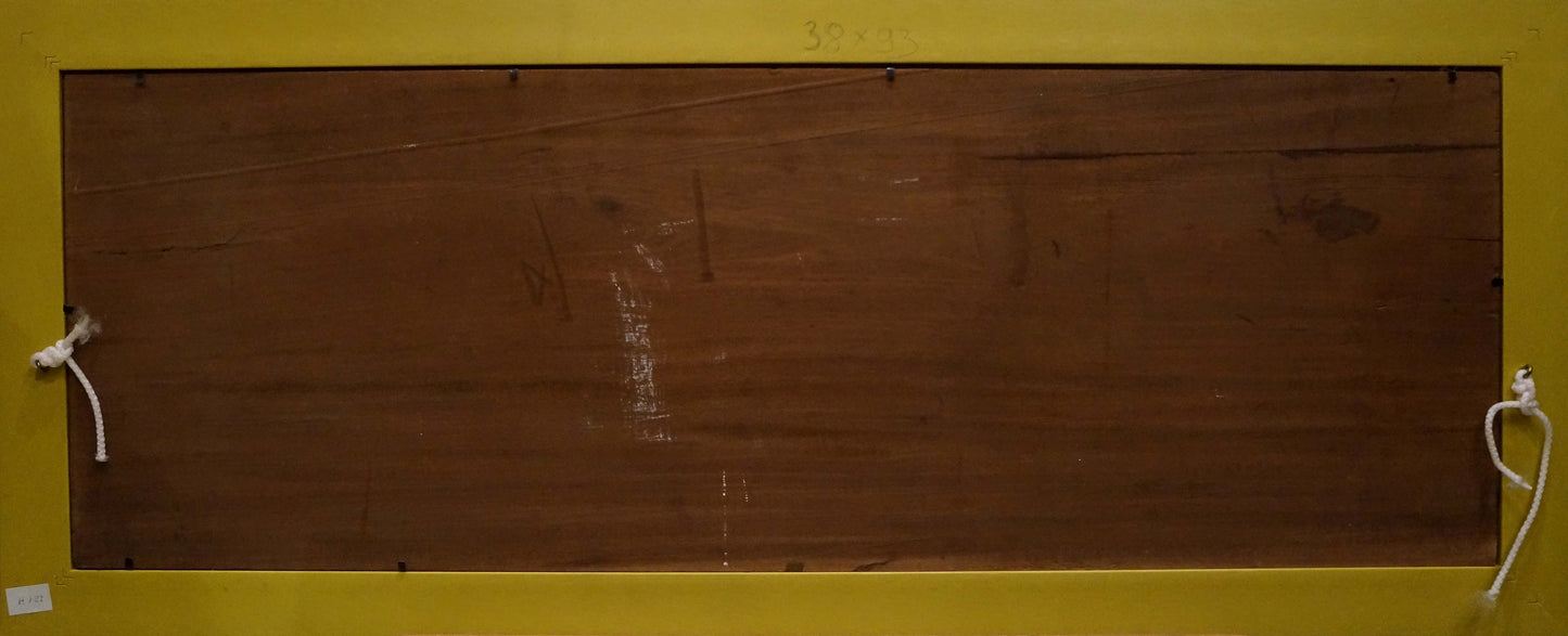 Back of Abstract painting People at the bar: brown wooden panel with grain, white ropes tied to corners