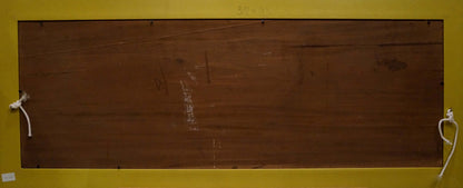 Back of Abstract painting People at the bar: brown wooden panel with grain, white ropes tied to corners