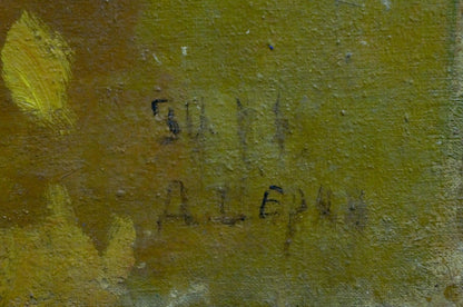 Back of Oil painting Flowers D. Serov: yellow textured canvas with faint black signature