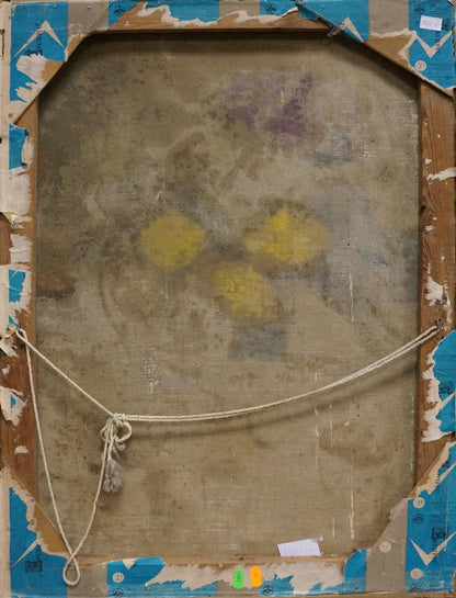 Back of framed Oil painting Flowers D. Serov with faded yellow purple florals on aged canvas