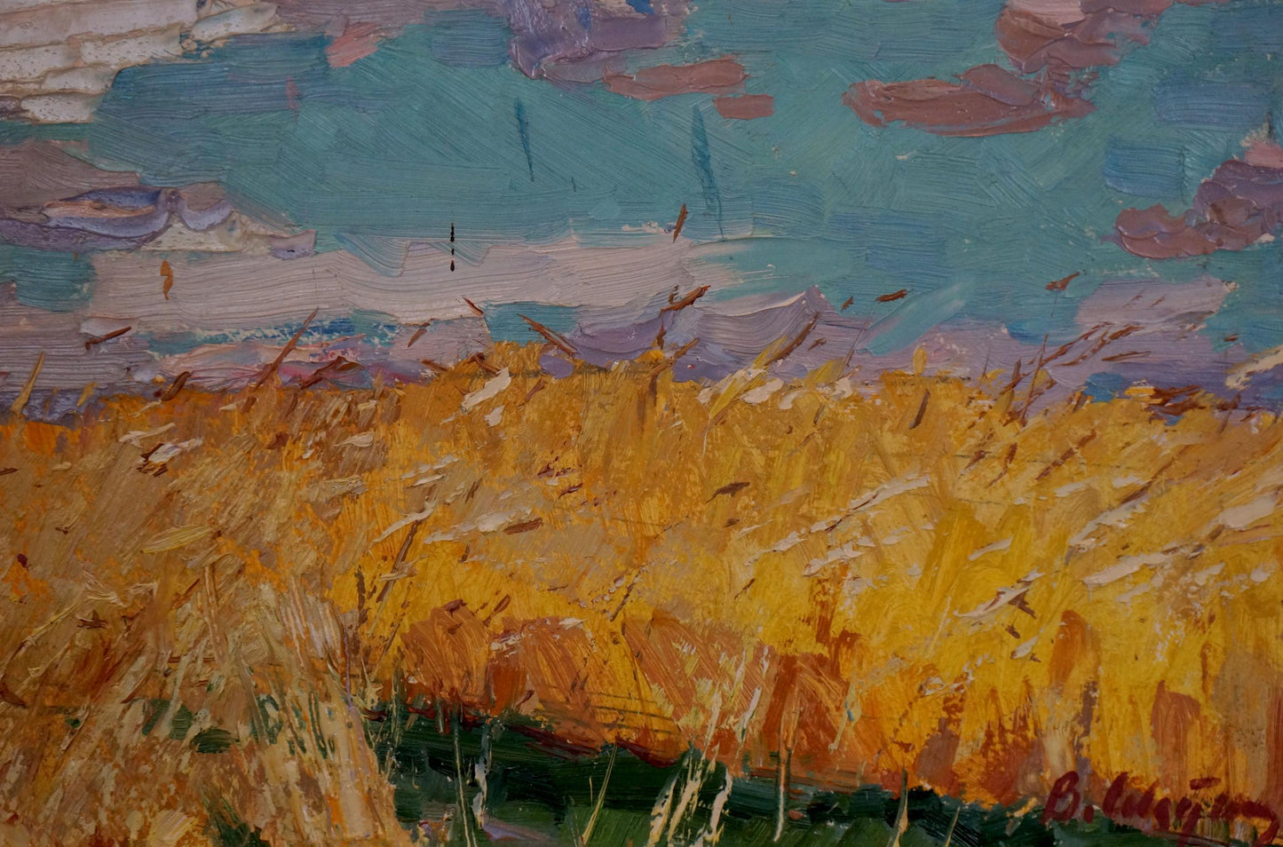 Vibrant oil painting of golden wheat field by Sevastyanov Viktor Grigorievich