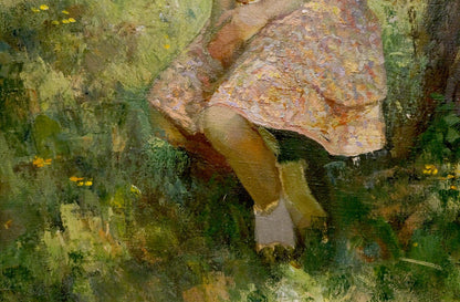 Textured earth-toned floral dress in Kuindzhi Y.V. grandson girl portrait style