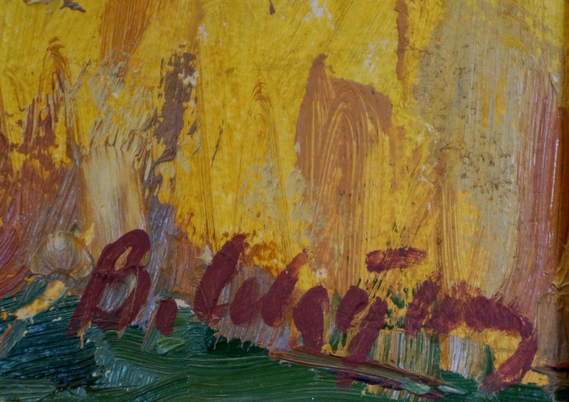 Back of oil painting Field by Sevastyanov Viktor Grigorievich with textured yellow green brushstrokes and reddish-brown signature