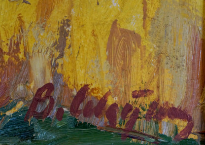 Back of oil painting Field by Sevastyanov Viktor Grigorievich with textured yellow green brushstrokes and reddish-brown signature