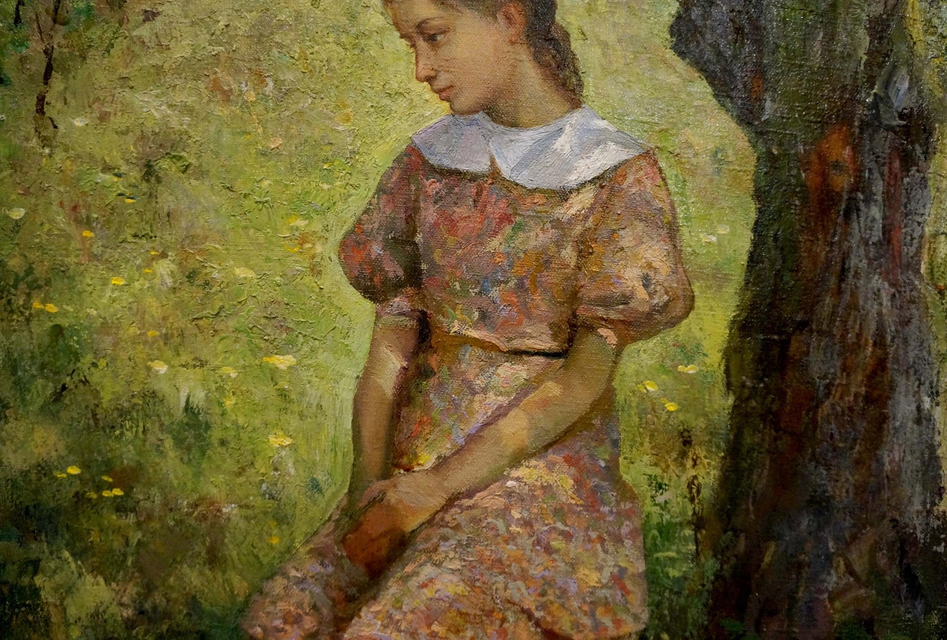 Oil painting portrait of young girl in floral dress by Kuindzhi Y.V