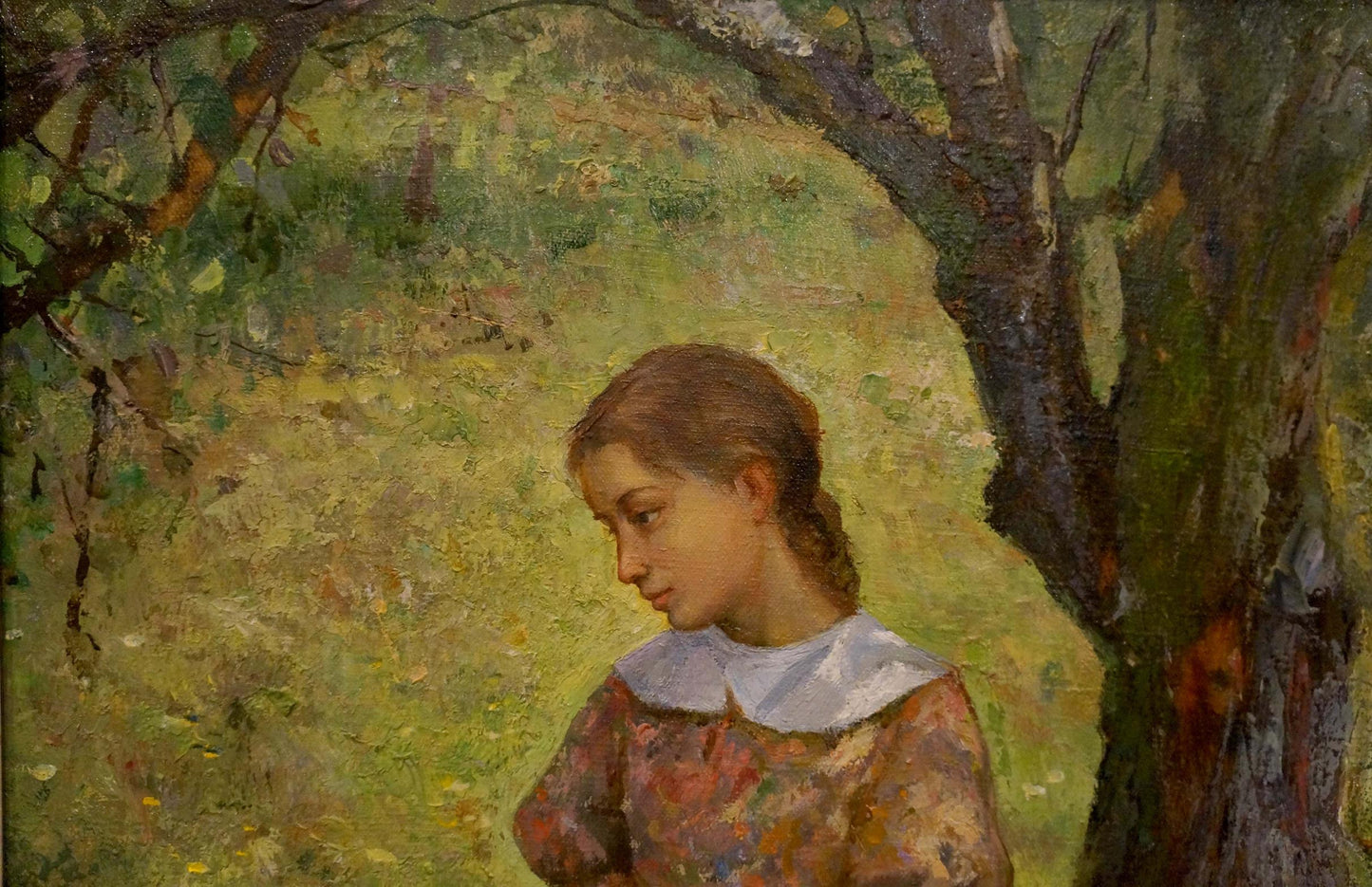 Oil painting portrait of young girl with braids by Kuindzhi Y.V