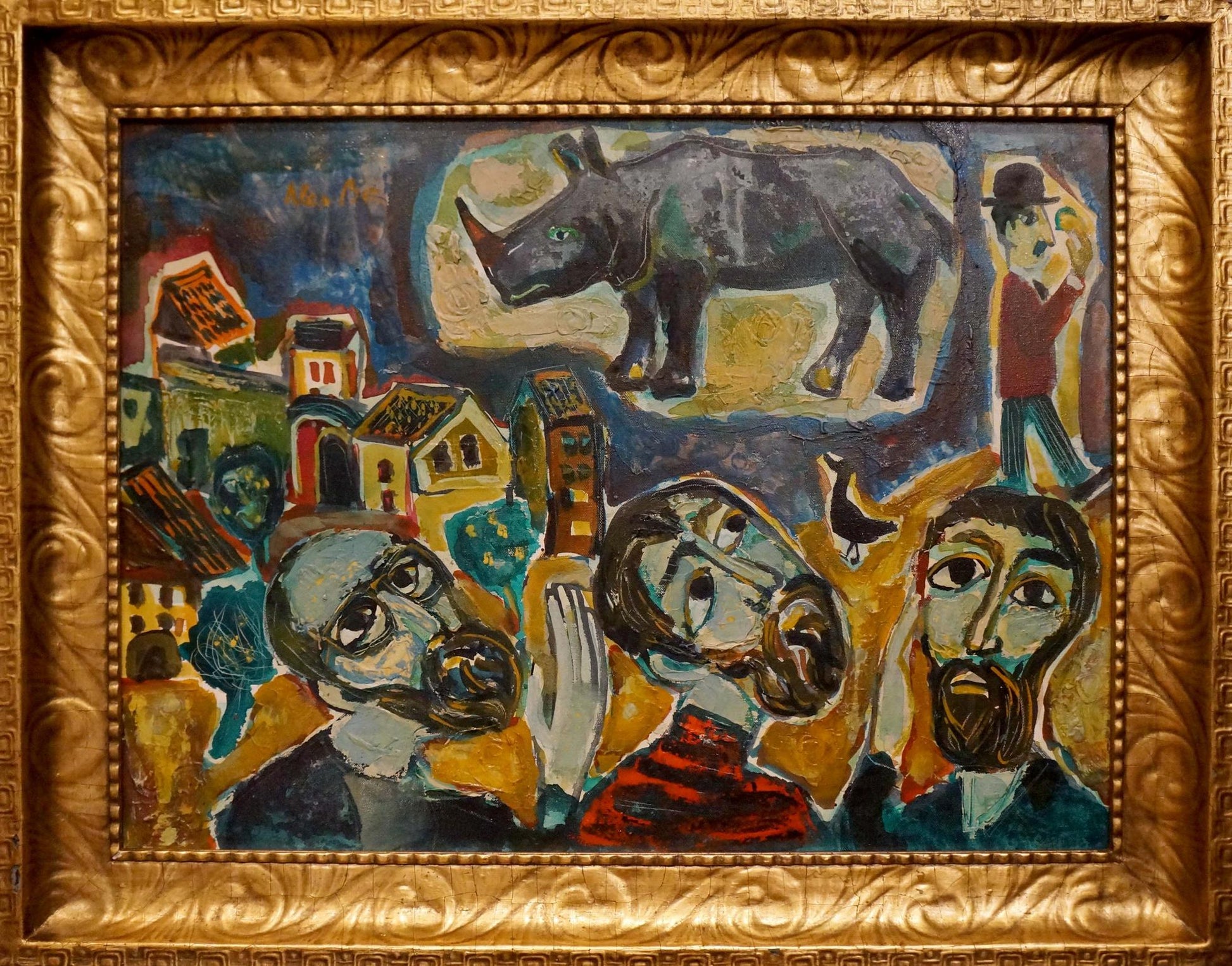 Vibrant abstract oil painting Thoughts of people with gray rhino in gold frame