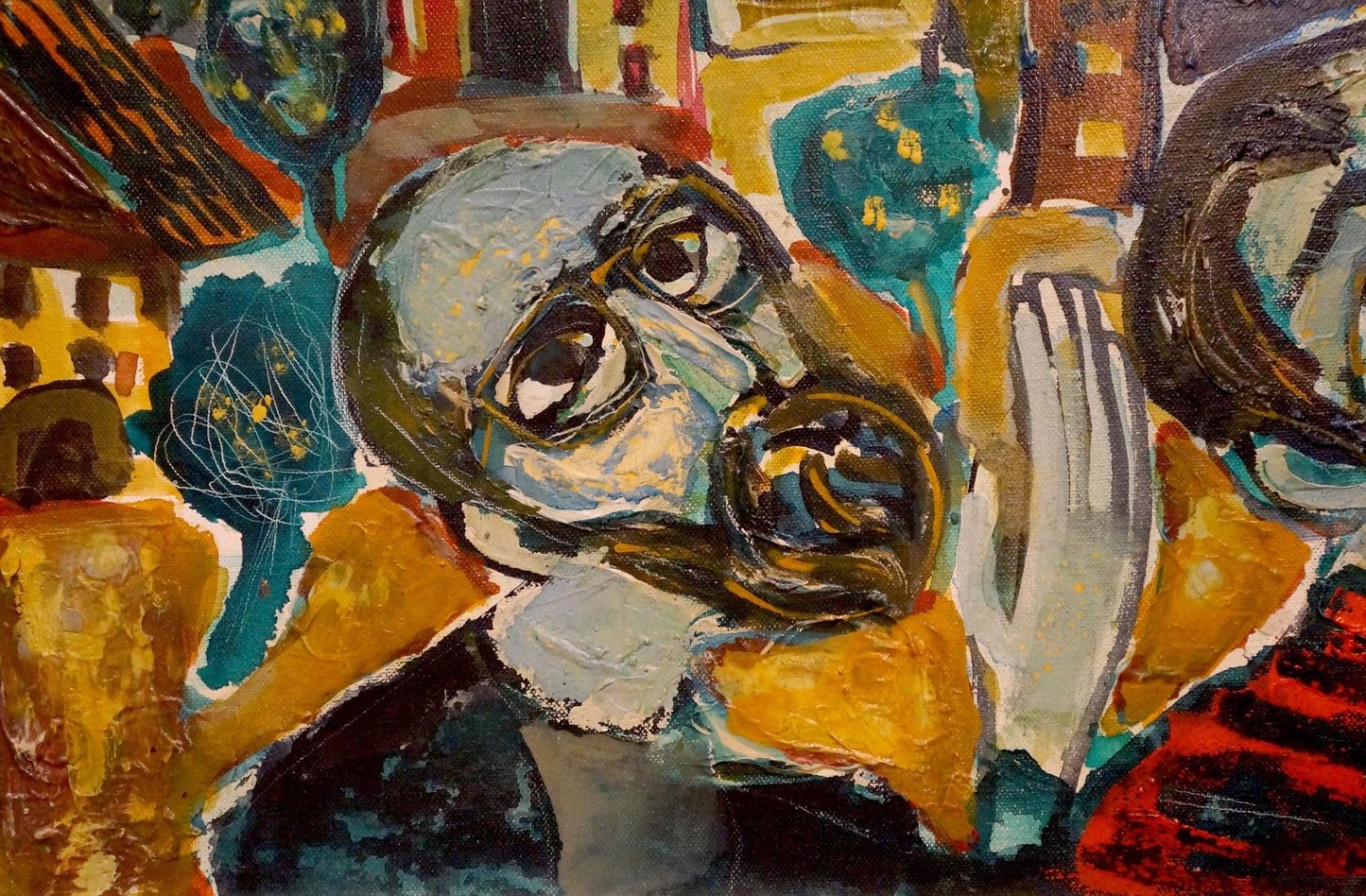 Abstract expressionist oil painting Thoughts of people with intense eyes