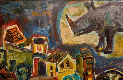Abstract oil painting Thoughts of people: textured gray rhino in village scene
